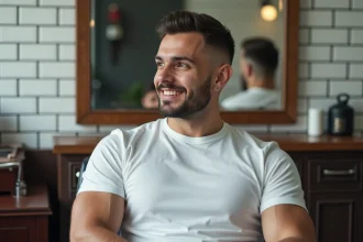 Homme aux cheveux en dégradé espagnol impeccable assis dans un fauteuil de barbier moderne, examinant sa coupe dans un miroir