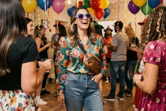 Femme en déguisement beauf avec chemise à fleurs, jean taille haute et chaussettes avec sandales lors d'une soirée costumée