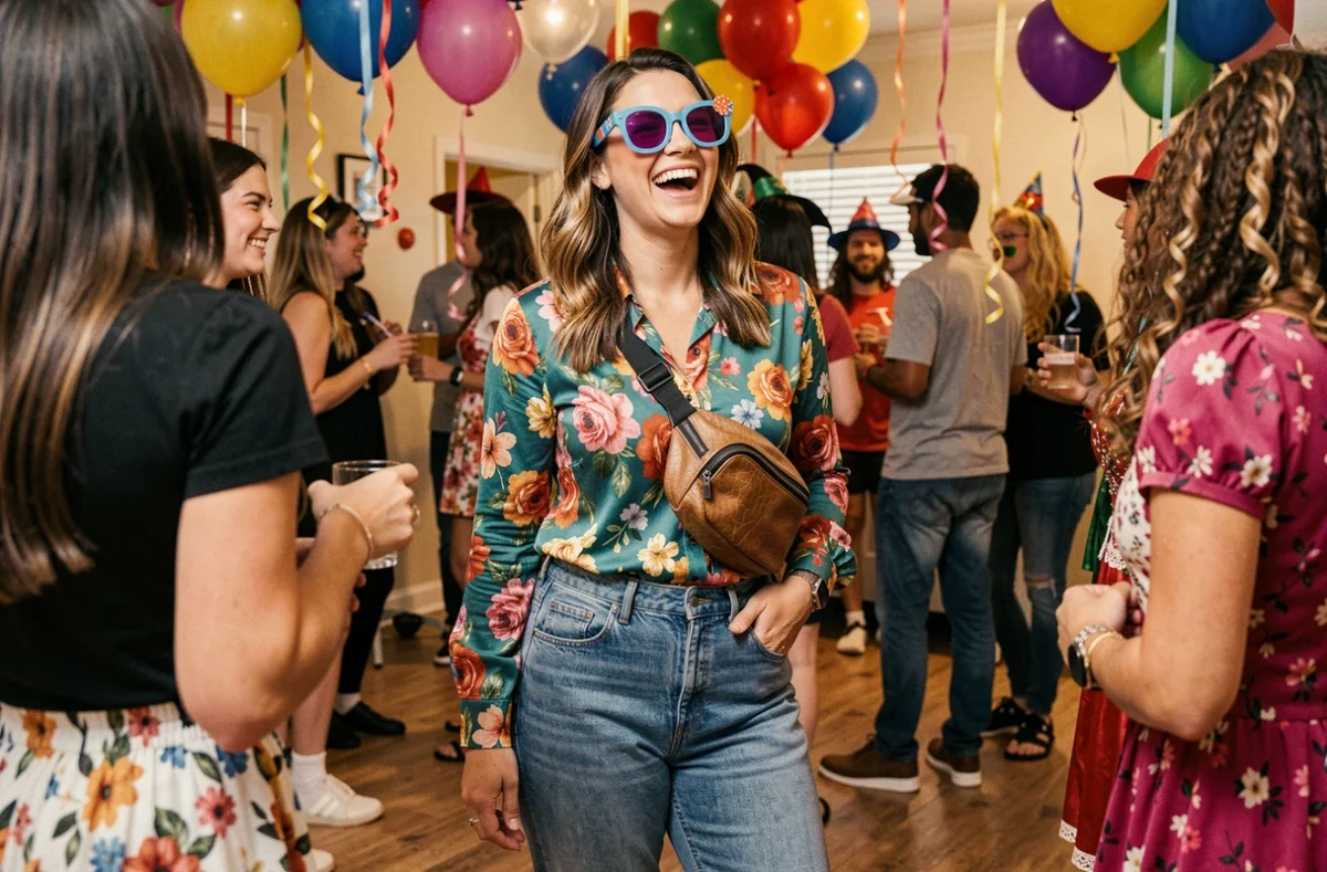 Femme en déguisement beauf avec chemise à fleurs, jean taille haute et chaussettes avec sandales lors d'une soirée costumée