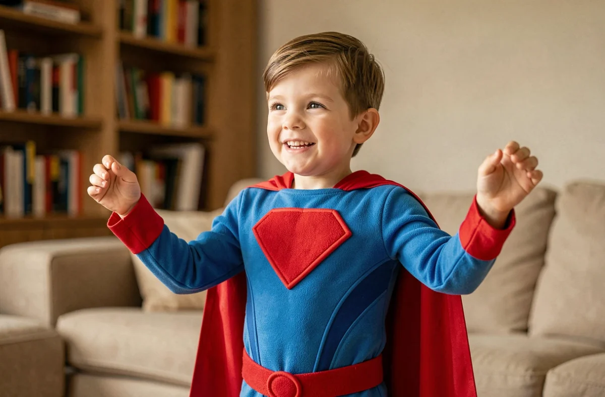 Enfant de 7 ans portant un déguisement de super-héros bleu et rouge avec cape, fabriqué en tissu sécurisé sans bords tranchants, photographié dans un salon.