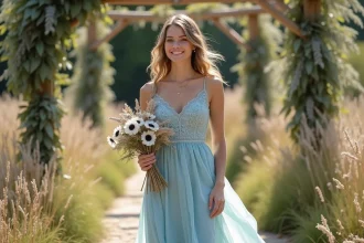 Demoiselle d'honneur en robe bleu pastel bohème avec accessoires dorés et bouquet de fleurs séchées dans un jardin champêtre