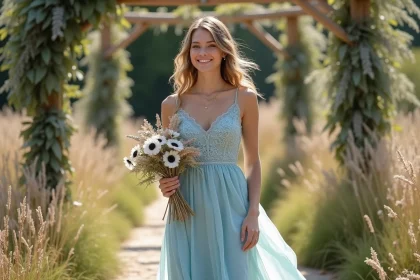 Demoiselle d'honneur en robe bleu pastel bohème avec accessoires dorés et bouquet de fleurs séchées dans un jardin champêtre