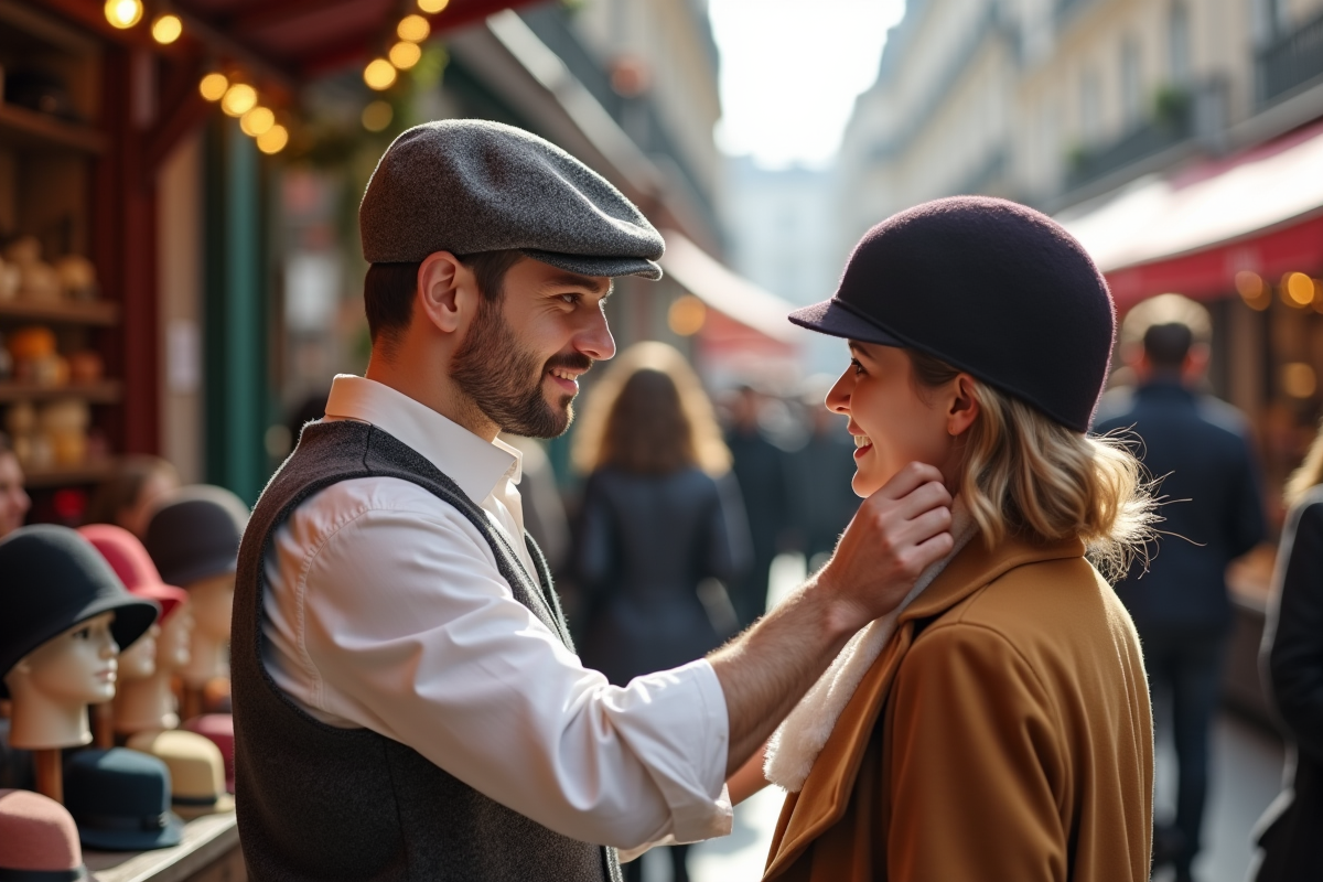 Jeune créateur de chapeaux ajustant un fedora au marché