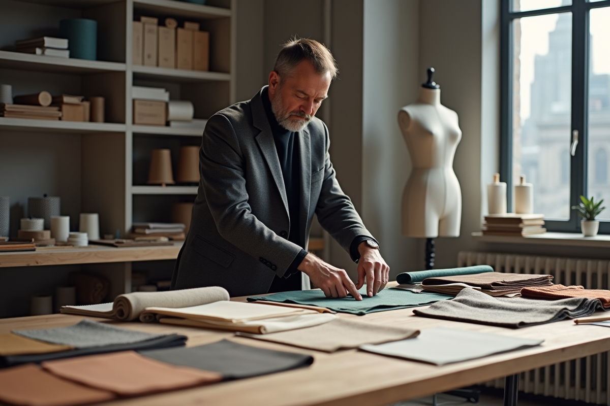 Designer mode arrangeant tissus et magazines dans un studio lumineux