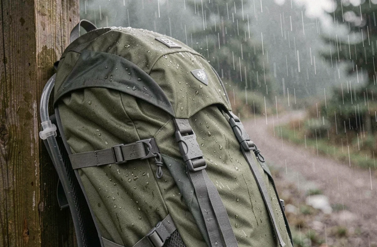 Gros plan sur les détails d'un sac à dos imperméable avec gouttes de pluie sur le tissu nylon traité DWR