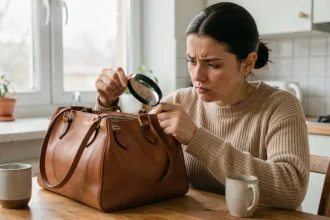 Femme inspectant de près un sac à main en cuir contrefait acheté sur une plateforme de revente, détectant les signes d'un faux Louis Vuitton