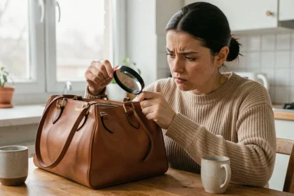 Femme inspectant de près un sac à main en cuir contrefait acheté sur une plateforme de revente, détectant les signes d'un faux Louis Vuitton