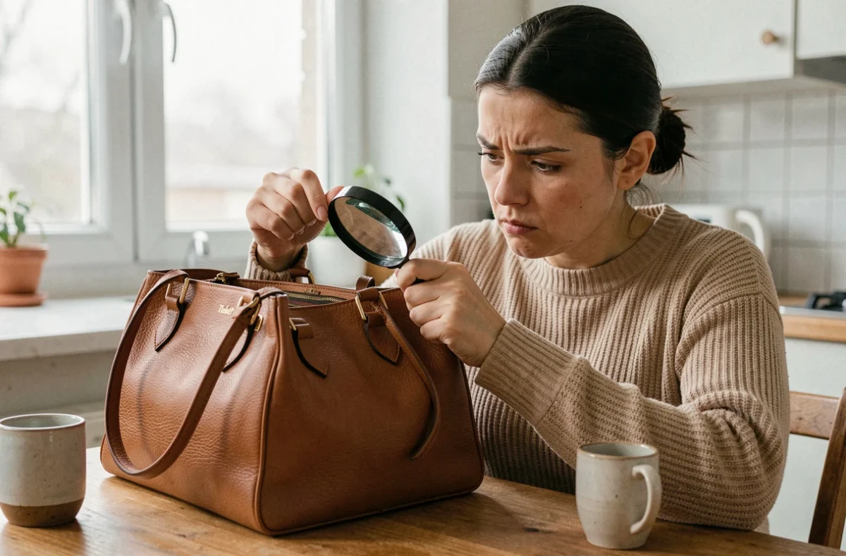 Femme inspectant de près un sac à main en cuir contrefait acheté sur une plateforme de revente, détectant les signes d'un faux Louis Vuitton