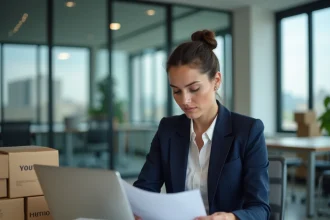 Directrice commerciale analysant des documents dans un bureau e-commerce après le rachat de Showroomprivé par La Braderie