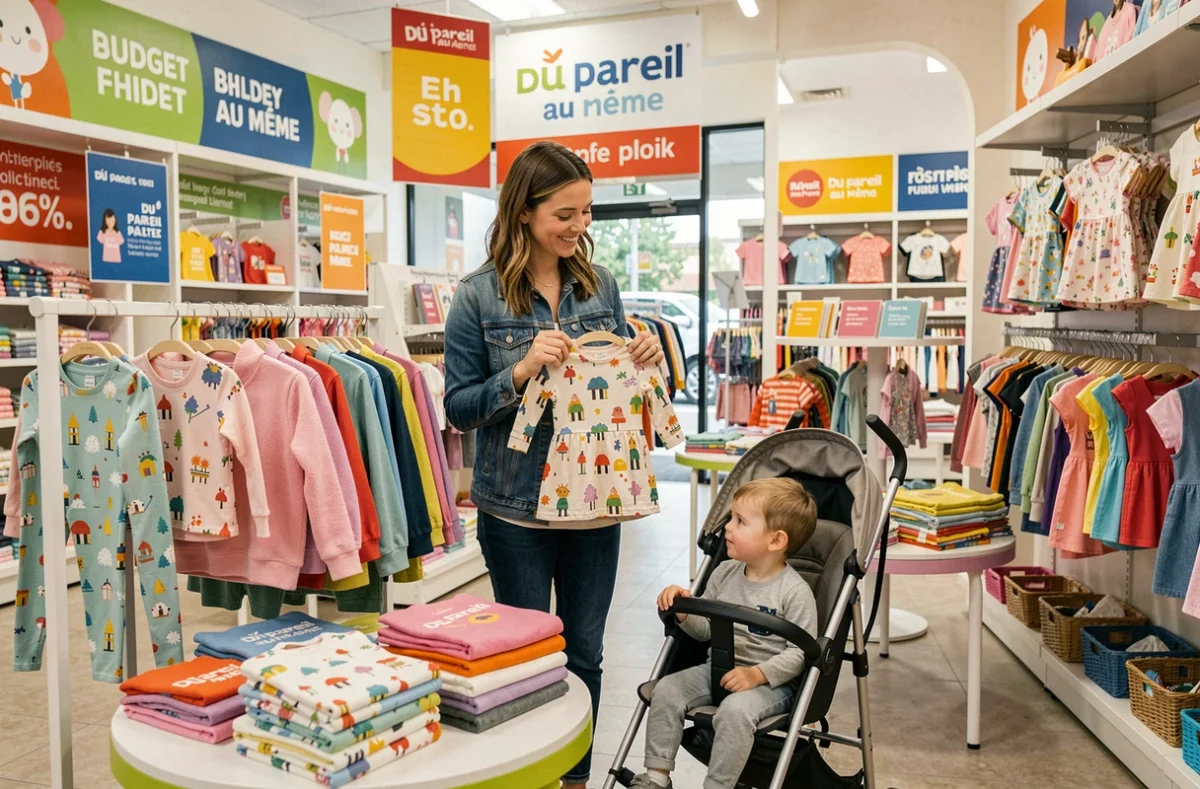 Mère et enfant faisant du shopping dans une boutique Du Pareil au Même avec des vêtements enfants à petits prix
