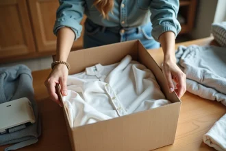 Femme qui plie soigneusement un vêtement pour l'emballer dans un colis d'expédition pour Seelpy
