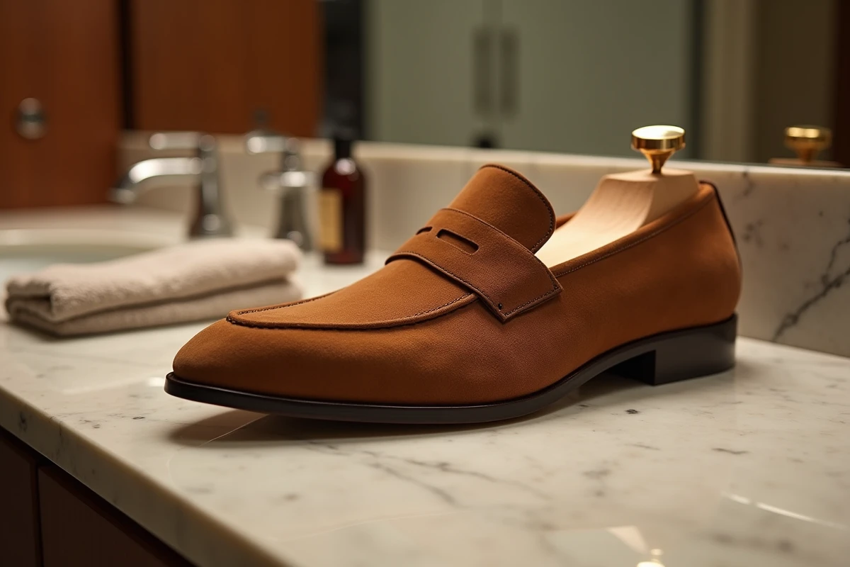 Embauchoir en cèdre à ressort inséré dans un mocassin en daim marron sur un comptoir en marbre