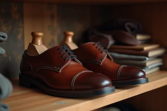 Embauchoirs en cèdre insérés dans des chaussures oxford en cuir marron pour éviter les plis et déformations