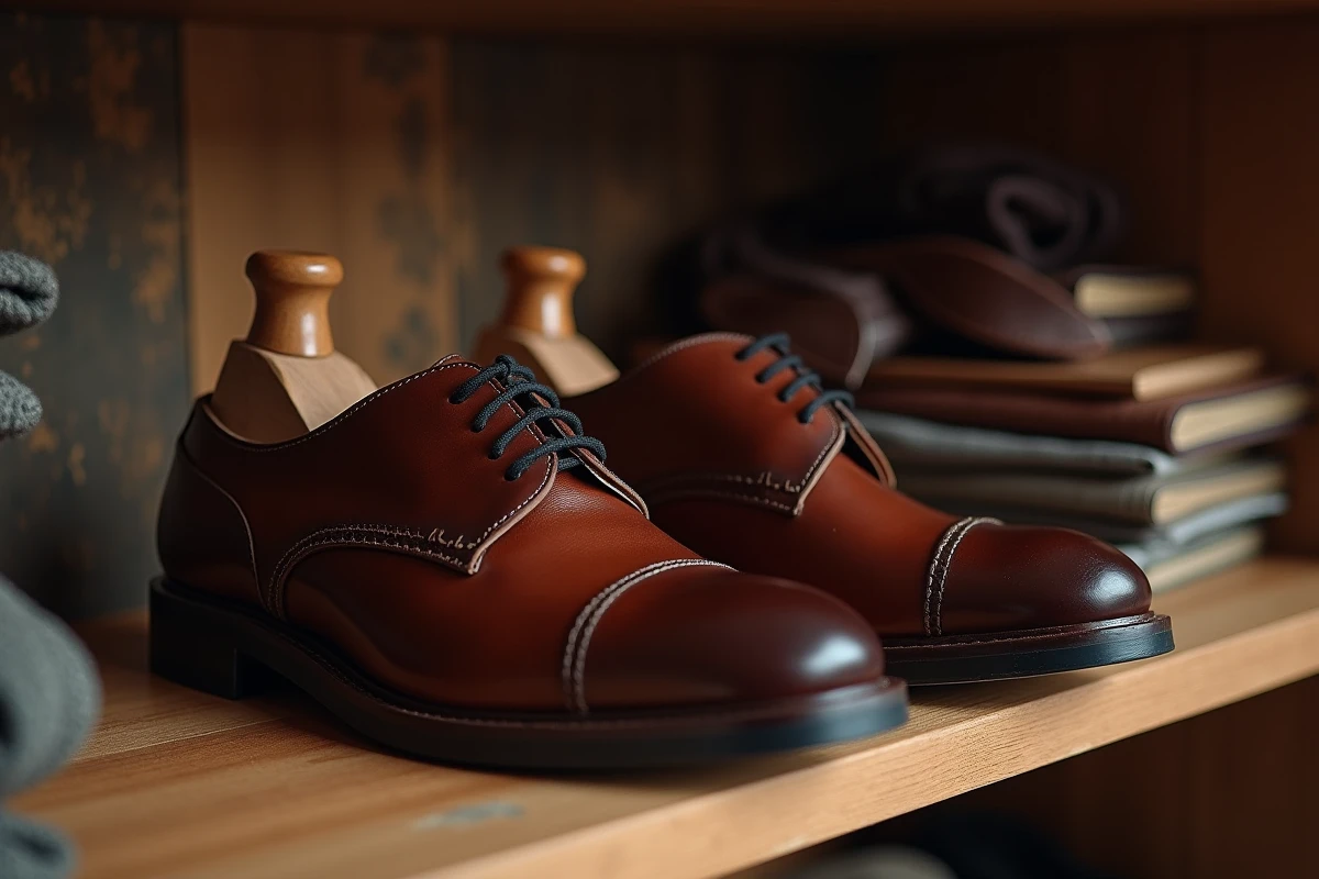 Embauchoirs en cèdre insérés dans des chaussures oxford en cuir marron pour éviter les plis et déformations