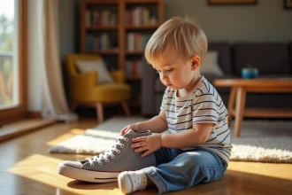 Enfant assis sur un parquet en bois examinant une chaussure trop grande, illustration de l'ajustement de semelle pour enfant