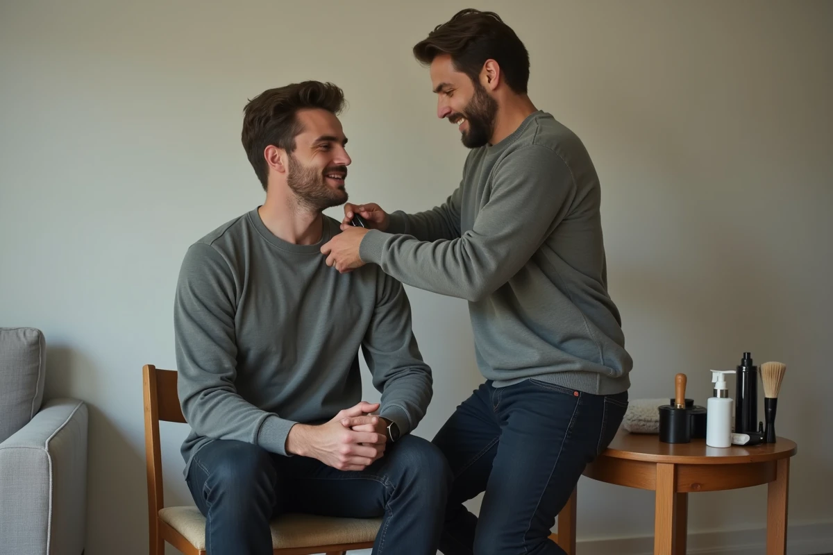Deux hommes dans un appartement, l'un entretenant le dégradé espagnol de l'autre avec une tondeuse professionnelle à domicile