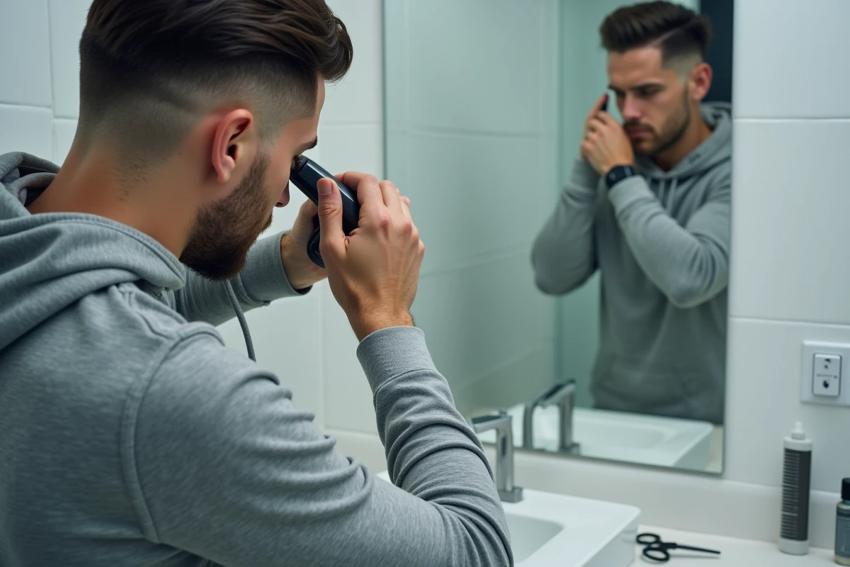 Homme entretenant son dégradé espagnol à la maison avec une tondeuse devant le miroir de salle de bain