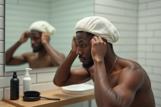 Jeune homme Black ajustant son wave cap devant un miroir de salle de bain avec produits coiffants visibles