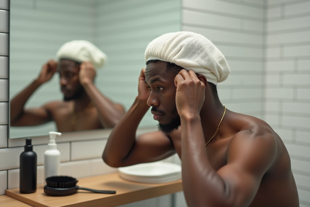 Jeune homme Black ajustant son wave cap devant un miroir de salle de bain avec produits coiffants visibles
