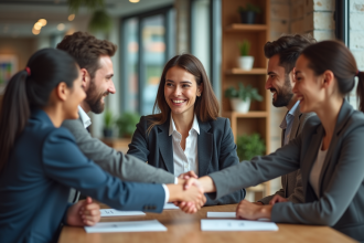Groupe de professionnels souriants lors d'une poignée de main