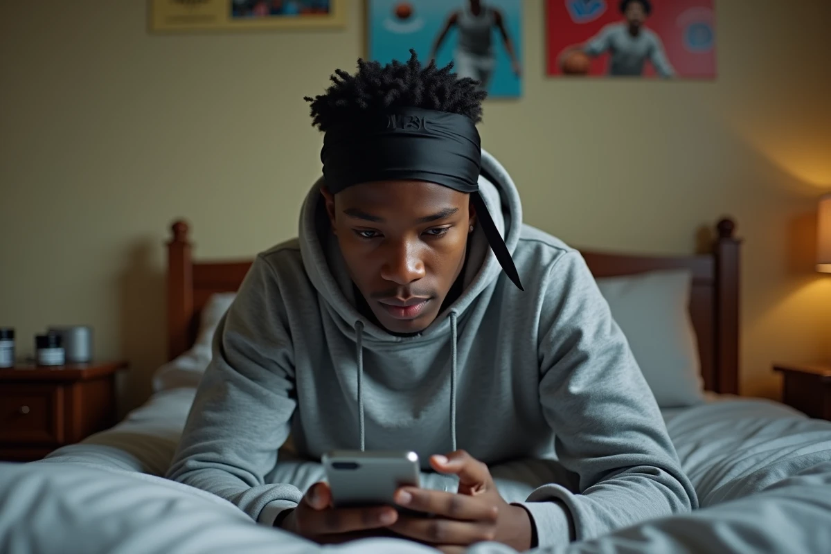 Adolescent portant un wave cap mal attaché sur son lit, illustrant une erreur fréquente d'entretien des waves