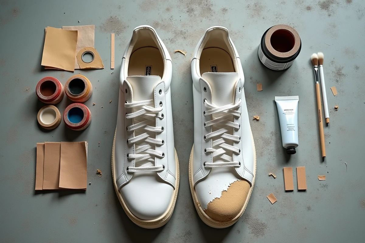 Vue de dessus d'une paire de sneakers en cuir blanc avec de la peinture qui s'écaille, entourée de produits de peinture et d'outils de customisation sur béton