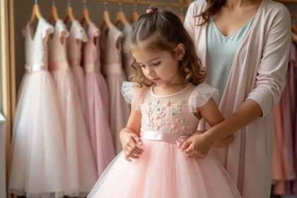 Petite fille en robe de princesse rose dans une boutique enfant, essayage et ajustement de la taille