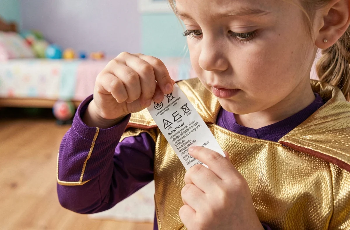 Fillette de 8 ans inspectant l'étiquette de certification et la composition du tissu d'un déguisement de super-héroïne doré et violet, mettant en valeur les normes de sécurité.