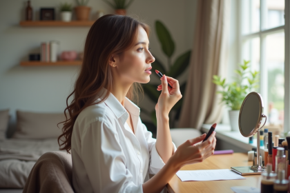 Femme appliquant du rouge &agrave; l&egrave;vres dans sa chambre lumineuse