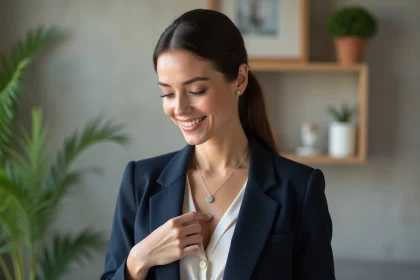 Femme &eacute;l&eacute;gante portant un blazer bleu et un collier en argent