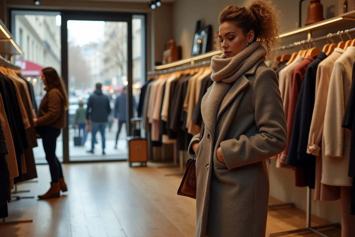 Femme élégante dans une boutique parisienne hiver