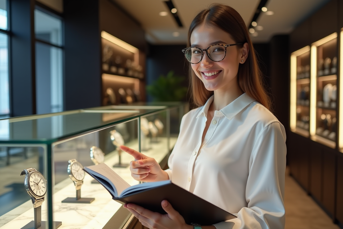 Jeune femme pointant une montre dans une boutique moderne