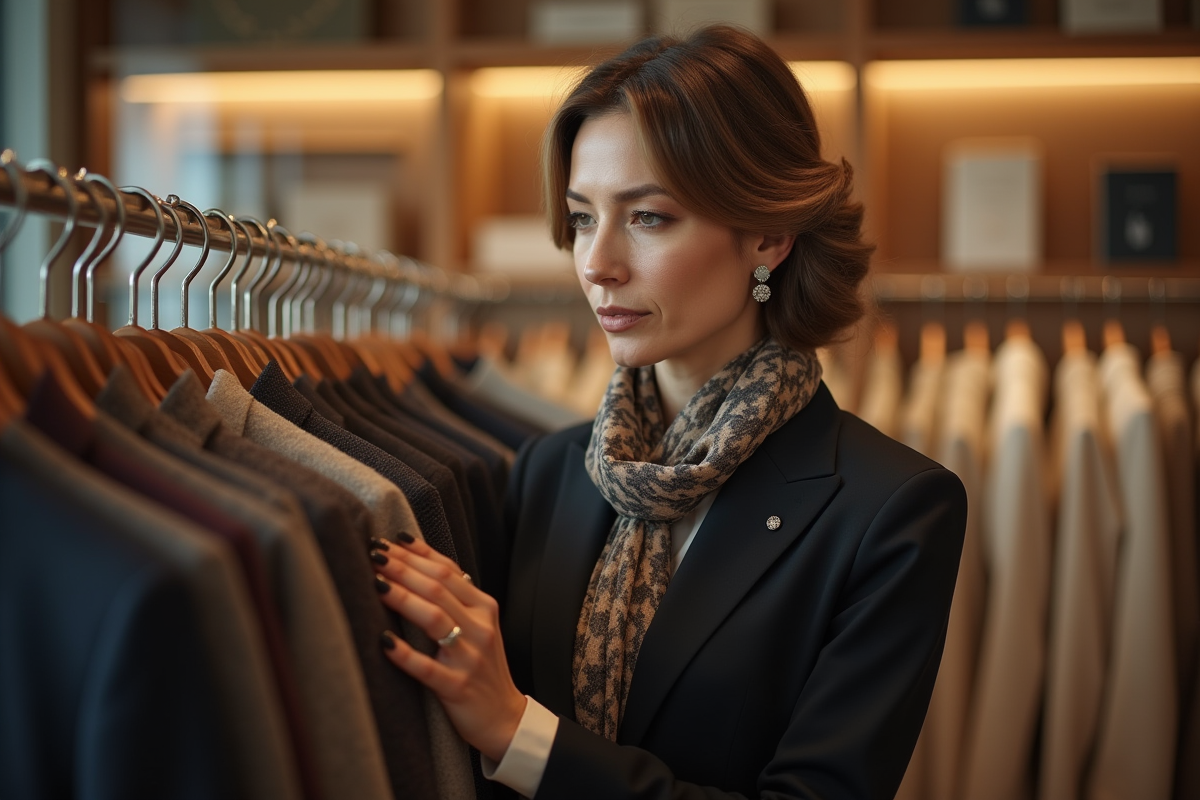 Femme élégante examinant un vêtement dans une boutique chic
