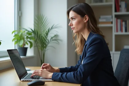 Femme en blazer marine consultant son espace habillement en ligne sur un ordinateur portable, l'air perplexe face à un bug sur la plateforme