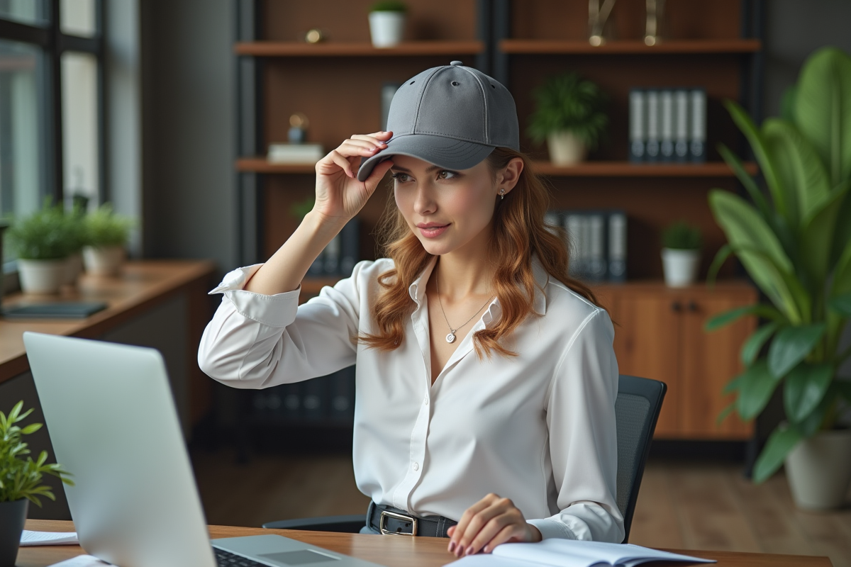 Femme au bureau en train d’enlever sa casquette et de se coiffer