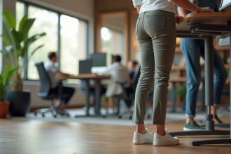 Femme au bureau debout en posture détendue et concentrée