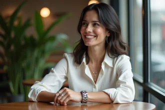 Femme en blanc ajustant un bracelet en argent dans un café