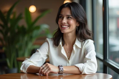 Femme en blanc ajustant un bracelet en argent dans un café