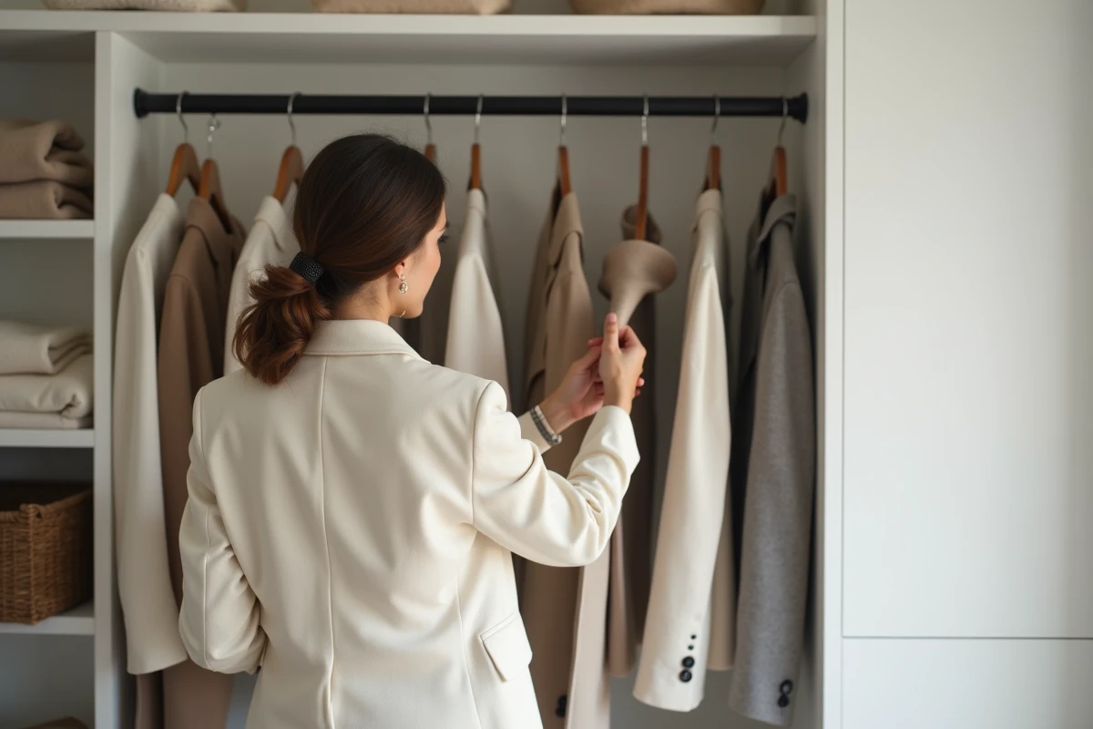 Femme composant sa capsule wardrobe minimaliste avec des pièces neutres dans un dressing épuré