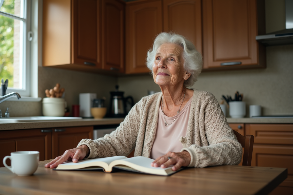 Femme âgée lisant un livre dans une cuisine chaleureuse