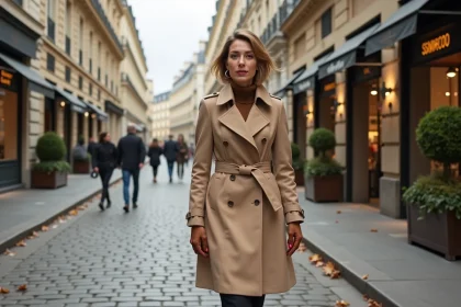 Femme élégante en manteau beige se promenant sur l'Avenue Montaigne à Paris devant des boutiques de luxe
