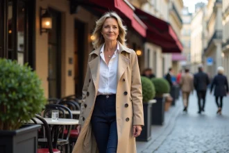 Femme élégante en trench beige dans une rue parisienne