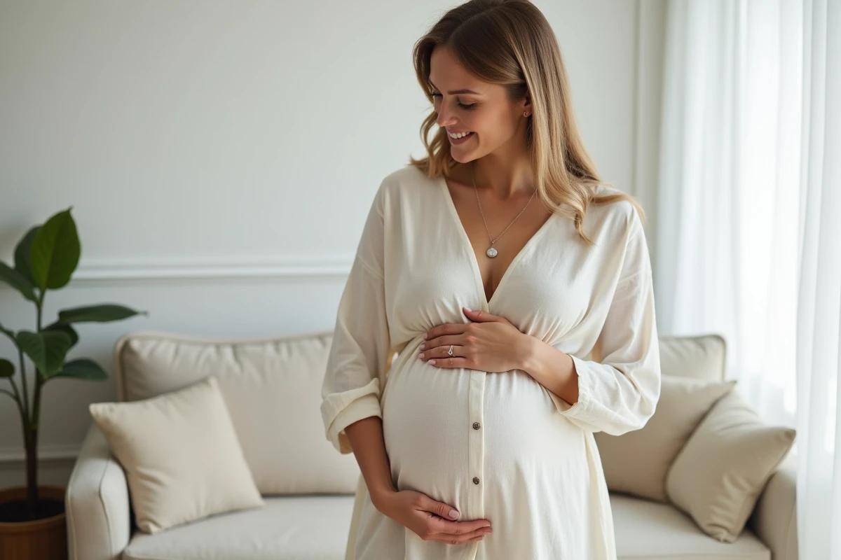 Femme enceinte portant un bola de grossesse en argent posé sur son ventre arrondi, vêtue d'une robe en lin crème dans un intérieur scandinave épuré
