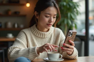 Jeune femme examine son iPhone 15 Pro dans un café