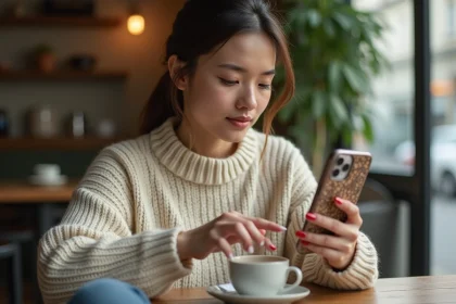 Jeune femme examine son iPhone 15 Pro dans un caf&eacute;
