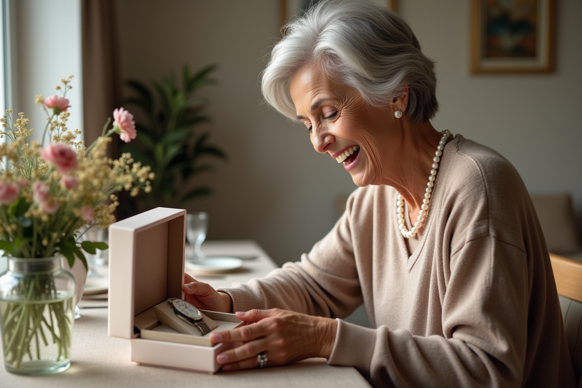 Femme âgée ouvrant un coffret de montre avec surprise et joie