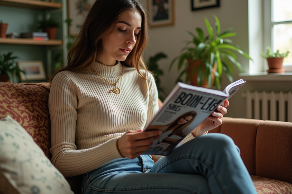 Femme lisant un magazine vintage dans un salon