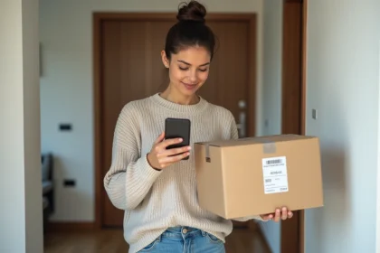 Femme v&eacute;rifiant livraison dans un appartement moderne