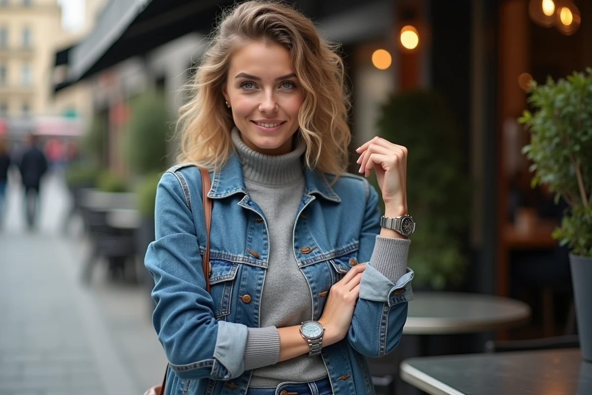 Femme souriante vérifiant sa montre dans un café en plein air