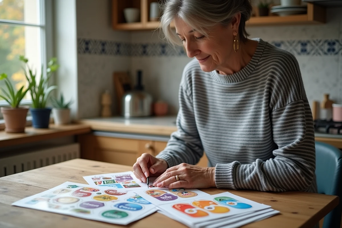 Femme organisée avec des stickers dans une cuisine chaleureuse